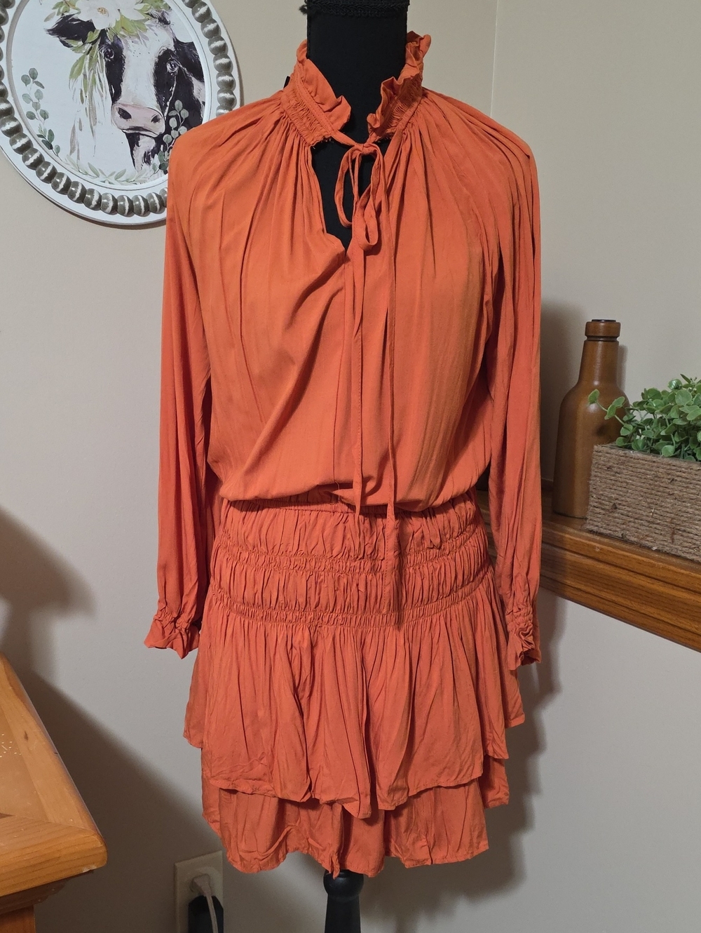 Long-Sleeve Tiered Ruffle Dress in Rust Orange